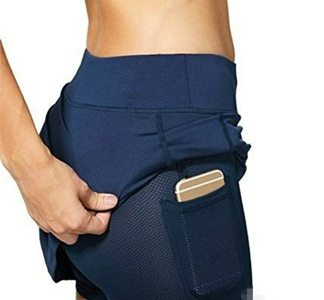 Blue running shorts with pockets. Back side of shorts.