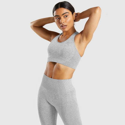 Gray active wear set with sports bra and leggings