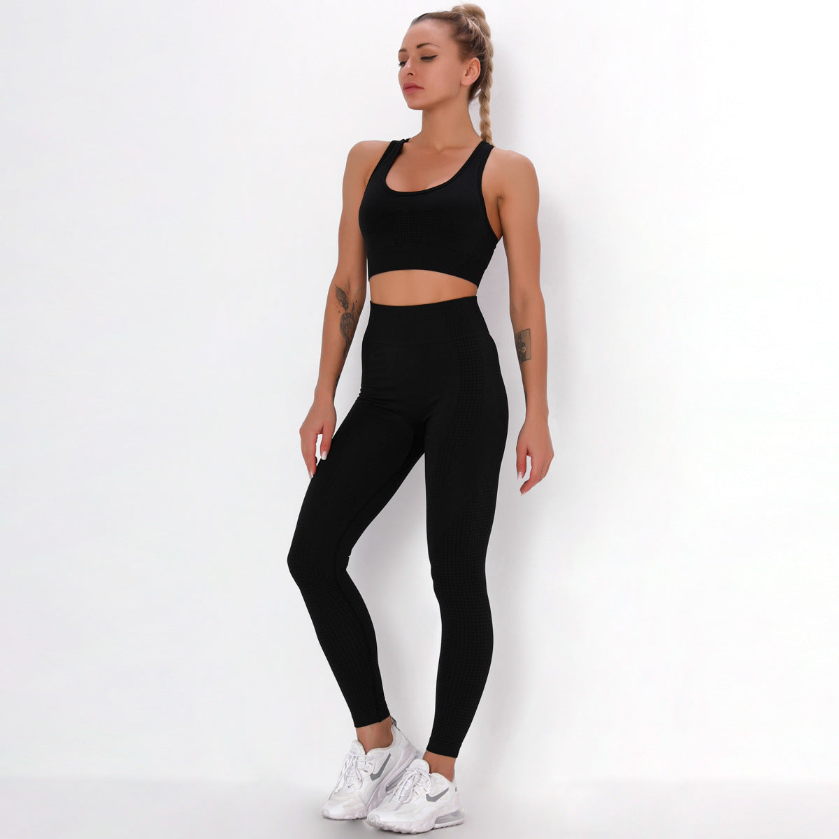 Black active wear co ord set with sports bra top and leggings