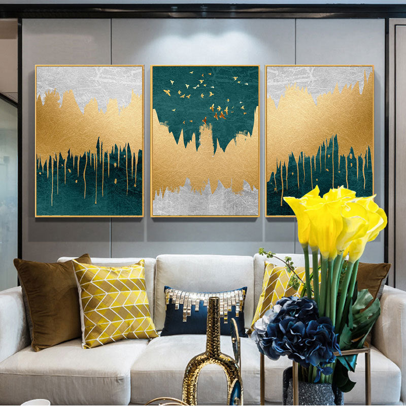 Gold, green, and gray modern wall art for living room