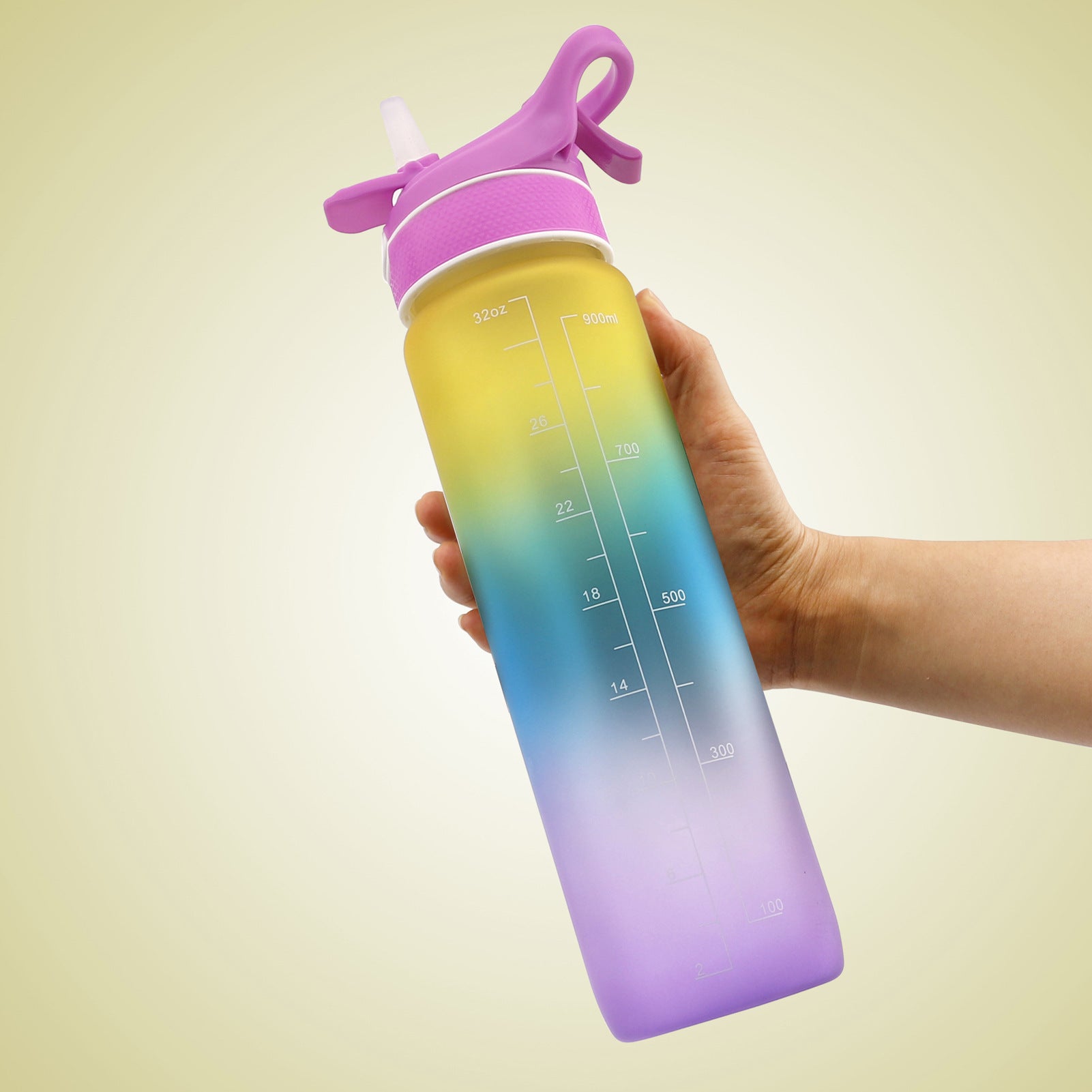 Yellow, blue, and purple gradient sports water bottle with spray feature for hot days