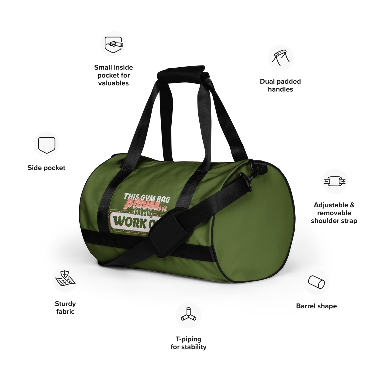 Military green gym bag for everyday use, seen from an angle