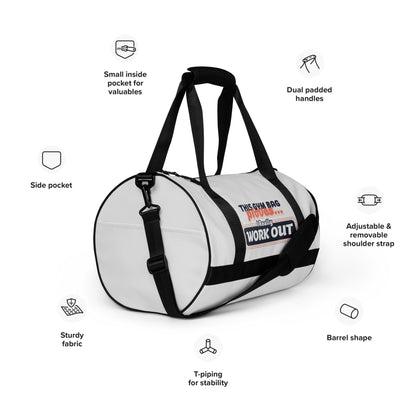 White gym bag product details, facing an angle