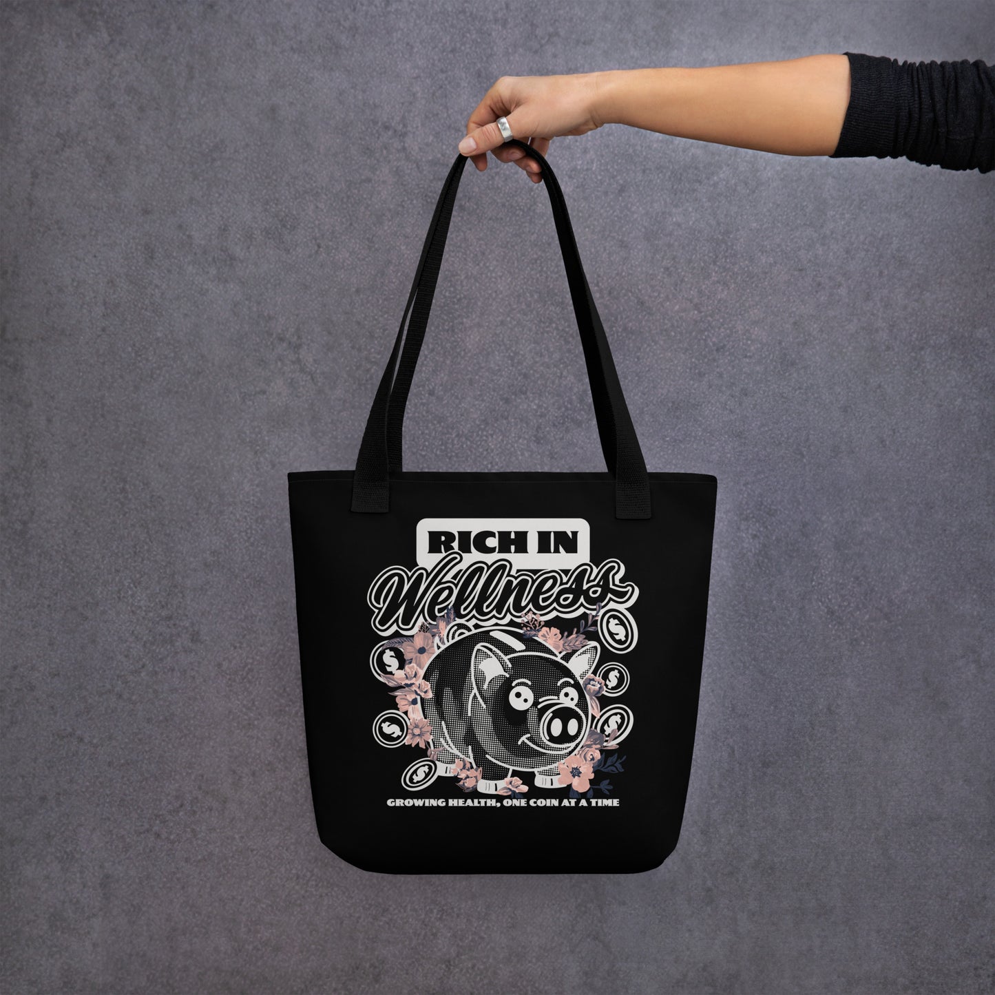 Front face of black designer tote bag