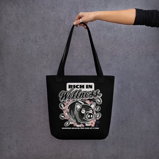 Front face of black designer tote bag