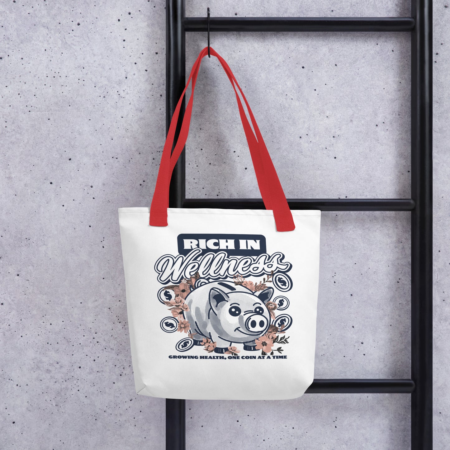 White designer tote bag with red handles