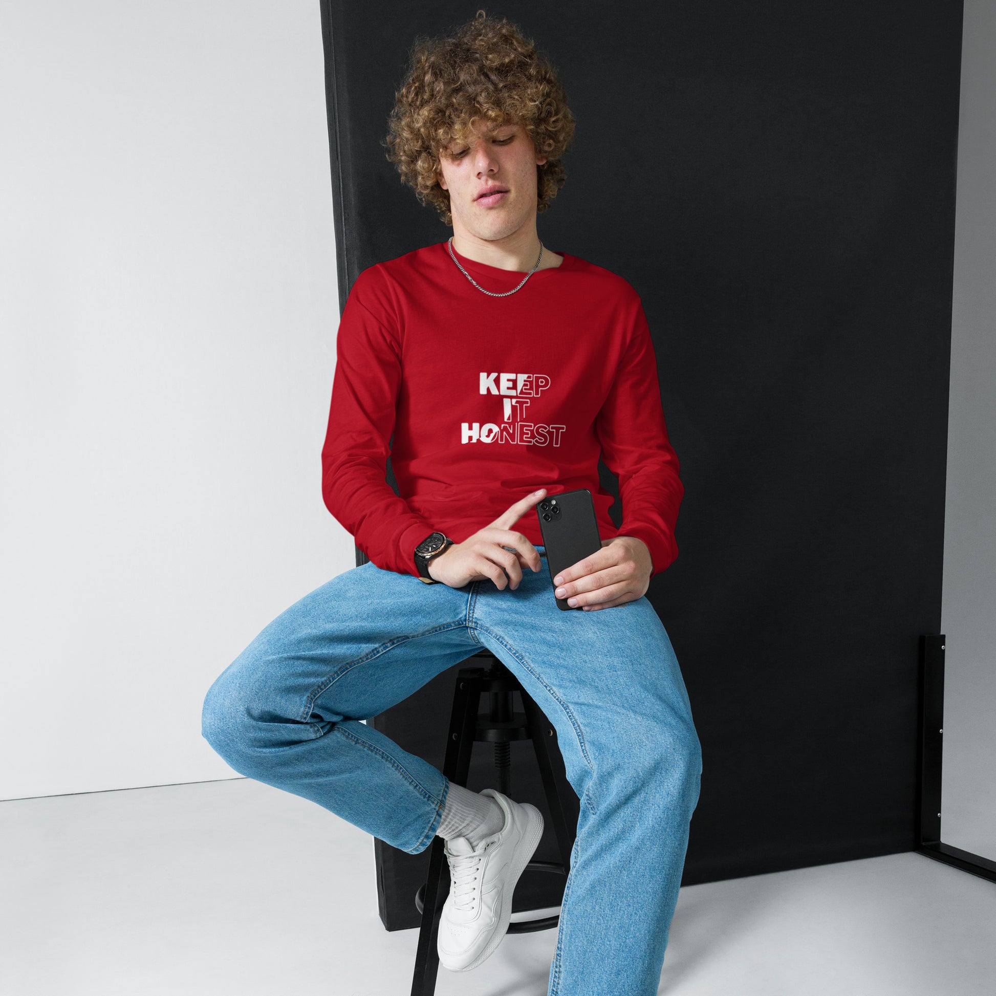 Red long sleeve t-shirt that features the phrase "Keep It Honest"