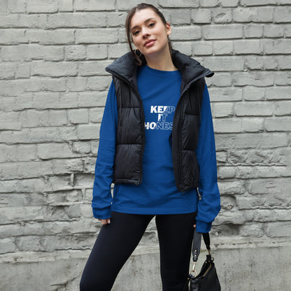 Woman wearing royal blue-colored long sleeve t-shirt with the phrase "Keep It Honest"