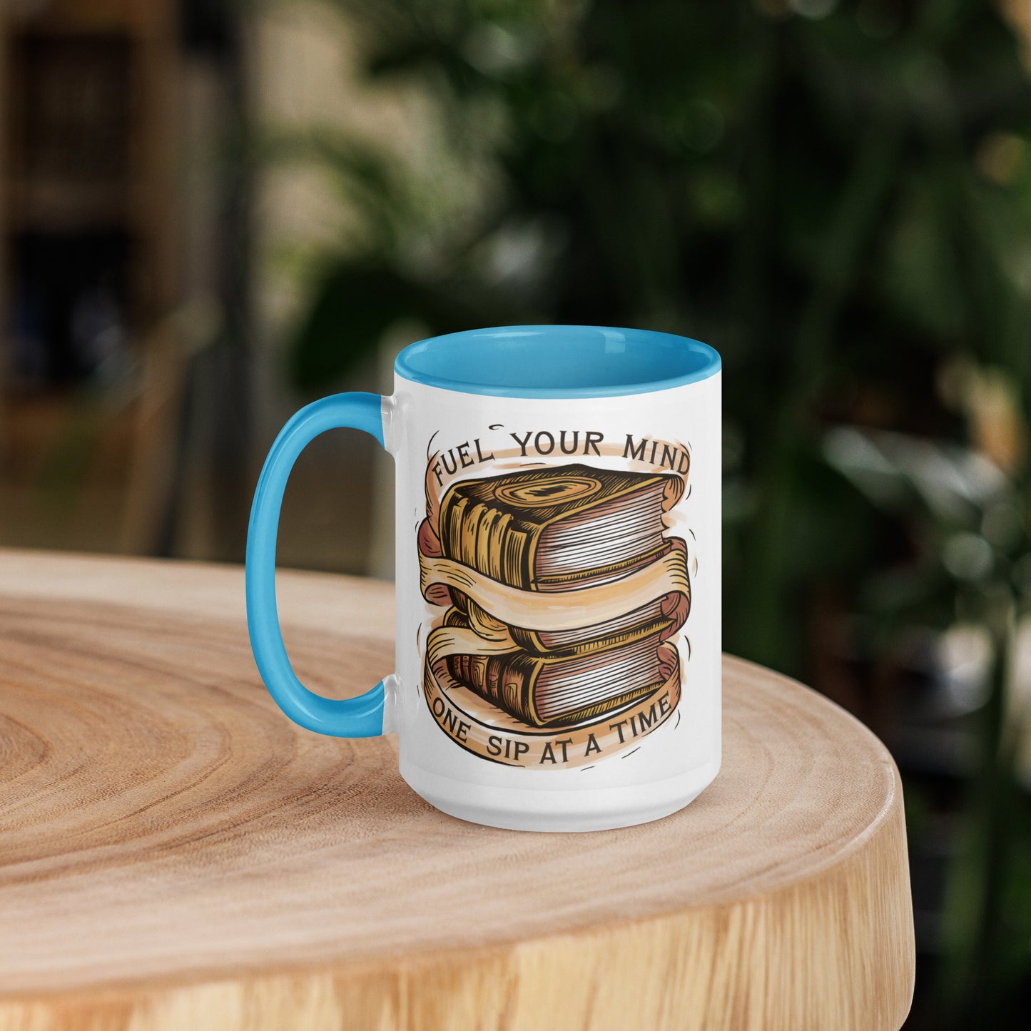 White ceramic mug with blue interior color