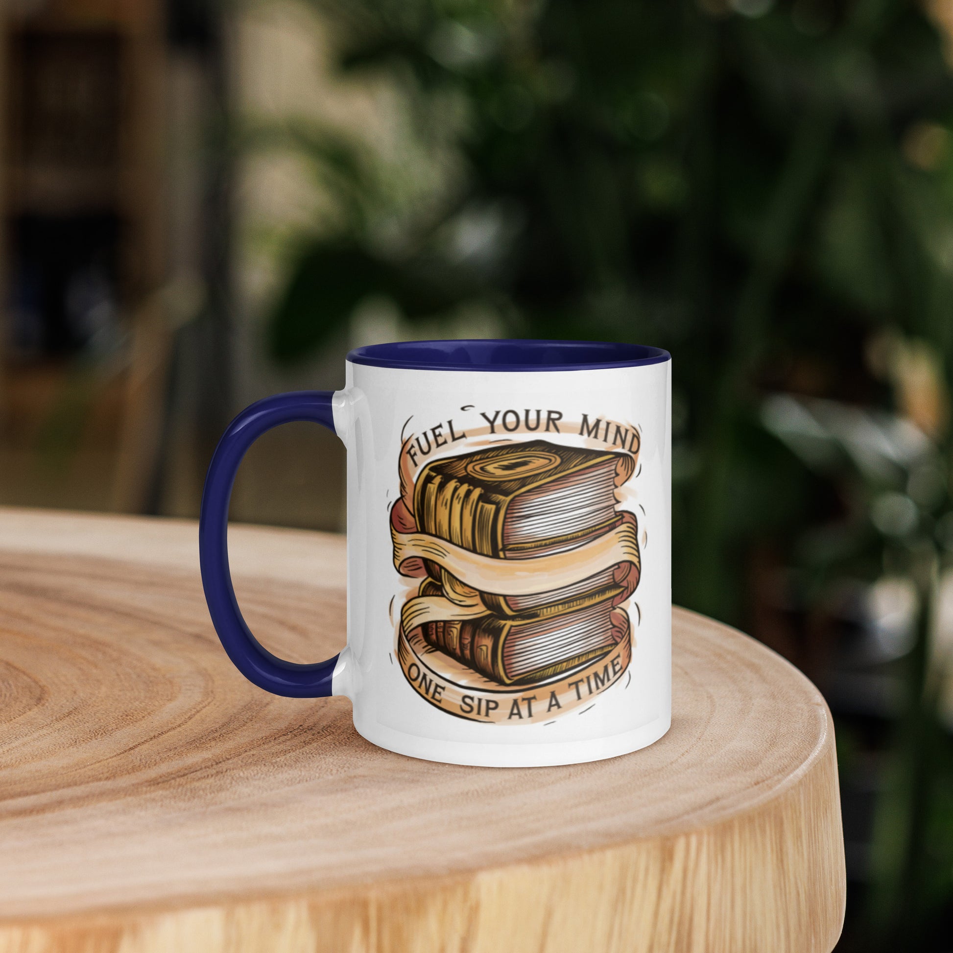 11 ounce white ceramic mug with dark blue interior color