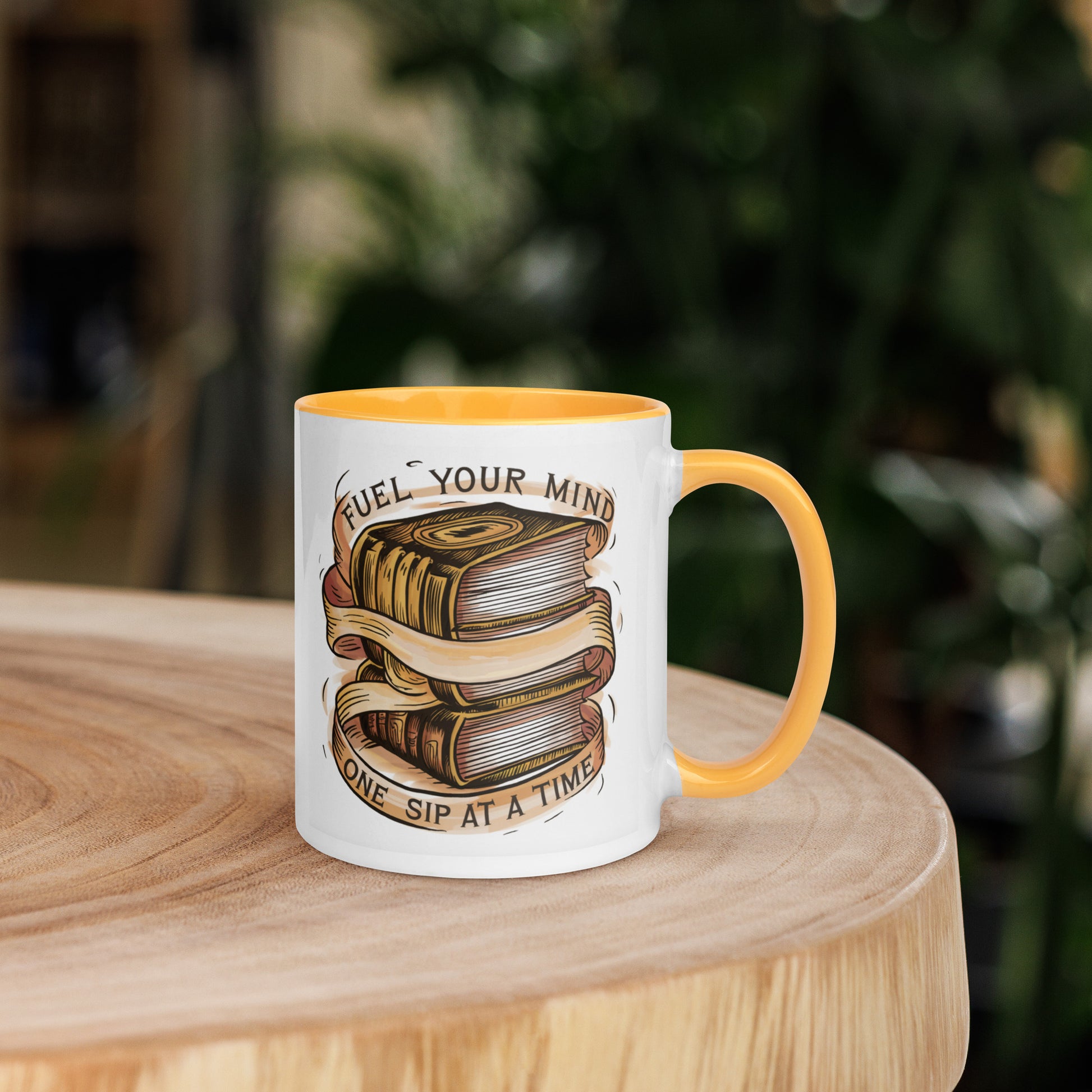 11 ounce ceramic mug with yellow interior and unique design